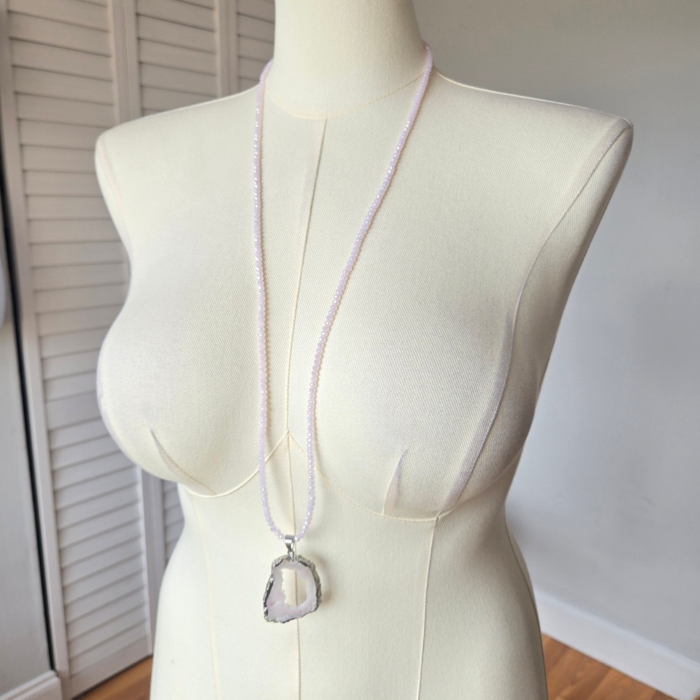 Rose Quartz Beaded Pink‎ Druzy Agate Pendant Necklace Long Boho Statement